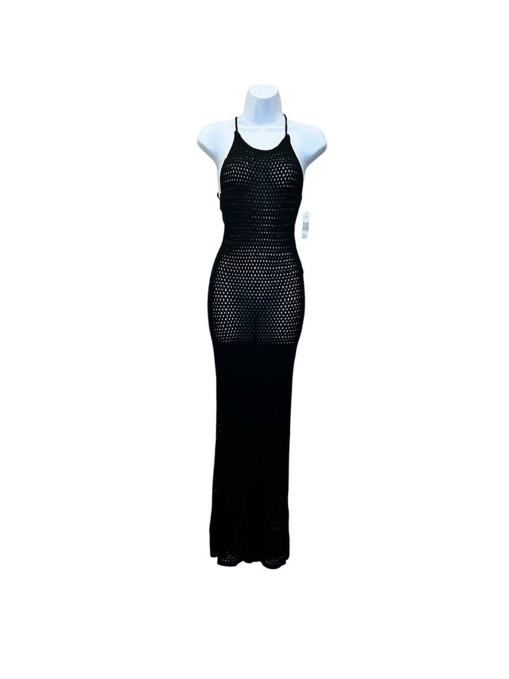 FORE Black Crochet Knit Mesh Maxi Dress Cover Up Scoop Neck XS New with Tags